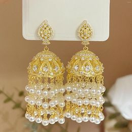 Boucles d'oreilles pendantes EVACANDIS pour femmes élégantes, incrustées de perles de zircone, longs pompons, bijoux de luxe de haute qualité, cage à oiseaux dorée Vintage