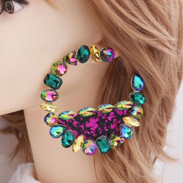 Boucles d'oreilles en peluche exagérées Luxury Colorful Oreing For Woman Big Glass Rhinaistones Geometric Round Stud Multicolore Ear Mariage Bridal Wedding