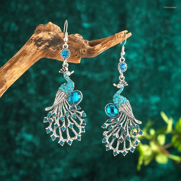 Pendientes colgantes de pavo real con diamantes de imitación exagerados para mujer, pendientes de animales de Color plateado creativo largo étnico Vintage, joyería Jhumka