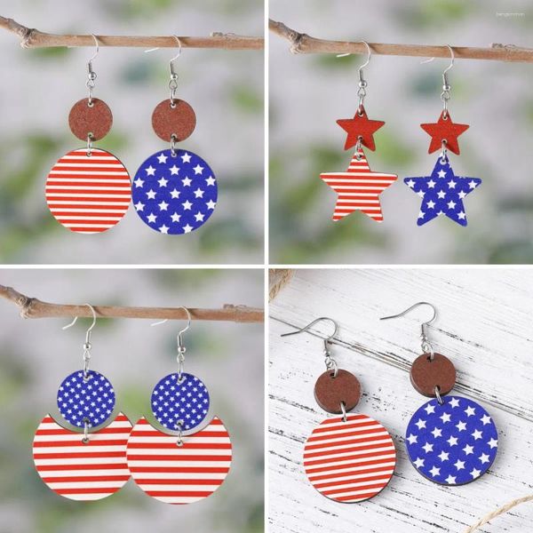 Les boucles d'oreilles enveloppe exagèrent American Independence Day Star Stripe Double ronde à cinq points d'épissage en bois d'oreille en bois