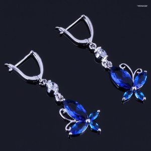 Dangle Oorbellen Excellent Vlinder Blauw Zirkonia Wit CZ Verzilverd Drop V0805