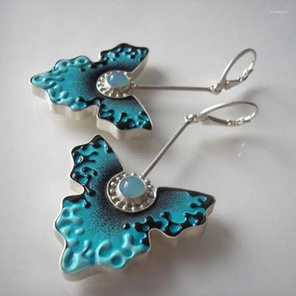 Boucles d'oreilles pendantes pour femmes, peinture bleue exquise, fleur, bijoux à la mode, couleur argent, feuille sculptée, goutte en métal, cadeaux d'anniversaire