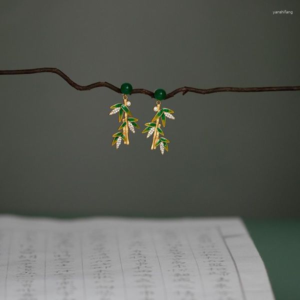 Boucles d'oreilles pendantes émail exquis Style chinois Vintage goutte d'eau naturel Hetian Jade vert bambou pour les femmes feuilles Hanfu bijoux