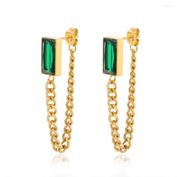 Boucles d'oreilles en peluche exquise green carré cristal baisse de boucle d'oreille gothique géométrie en acier inoxydable suspendu