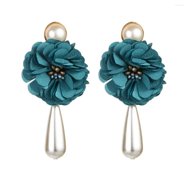 Pendientes colgantes Exquisita flor de tela hecha a mano Perla larga para mujeres Elegante Fiesta romántica Banquete Gota Accesorios de joyería de moda