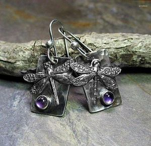 Boucles d'oreilles pendantes exquise rétro couleur argent libellule goutte femmes violet pierre mode anniversaire fête bijoux cadeau