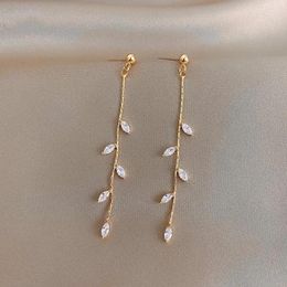 Boucles d'oreilles pendantes en Zircon pour femmes, chaîne à pampilles exquise, à la mode, aiguille plaquée or, goutte de saule, accessoires de bijoux