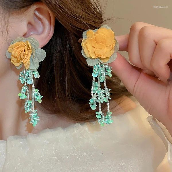 Boucles d'oreilles pendantes en tissu, fleur, feuille, résine, perles, pompon, longue goutte, pour femmes, mode, bijoux de fête élégants