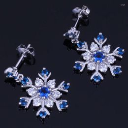 Dangle Oorbellen Fantastische Sneeuwvlok Blauwe Zirkonia Wit CZ Verzilverd Drop V1023