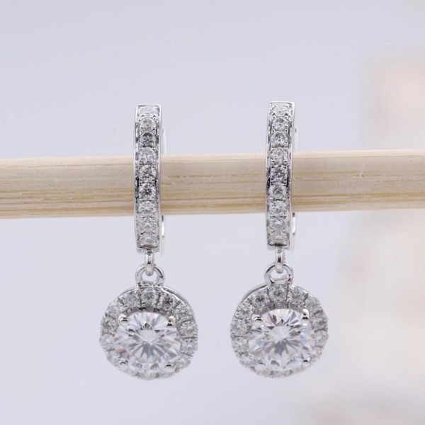 Boucles d'oreilles pendantes en or blanc 18 carats pour femmes, cadeau, 1ct, pierre Moissanite ronde totale, diamant, goutte, bijoux pour cadeau