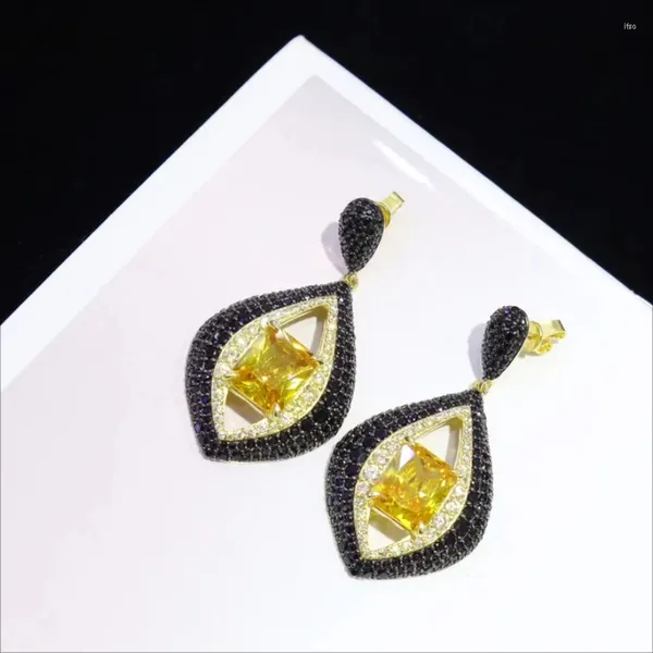 Dangle Boucles D'oreilles De Mode 925 En Argent Sterling De Luxe Bijoux Noir Zircone Micro Pave Grand Jaune Gemme Goutte Clip Pour Les Femmes Partie