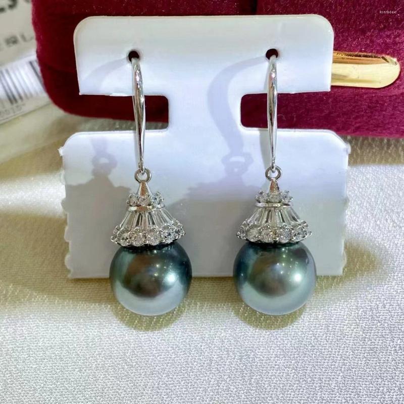 Dangle Earrings Fashion 925 Sterling Silver 11-12mm Pearl Real Tahitian Round Black Drop Fine Wedding Party Jewelry