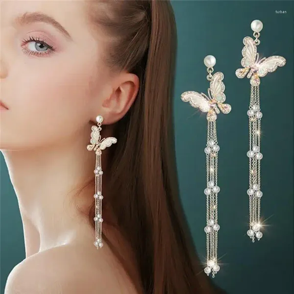 Boucles d'oreilles pendantes, accessoires de mode, pompon papillon doré, longue perle en alliage, matériau élégant et N