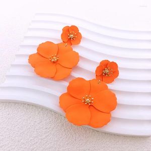 Boucles d'oreilles pendantes à la mode pour femmes, grande fleur, Vintage, Orange, Long pompon, Double couche d'émail, bijoux floraux