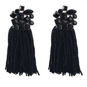 Dangle Oorbellen Mode Zwarte Bloem Touw Lange Kwast Geometrische Vrouwen Vintage Kristal Strass Sieraden Groothandel