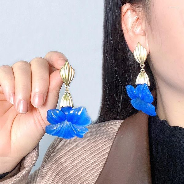 Pendientes colgantes moda azul resina flor larga gota 2023 diseños Bohemia hecho a mano pétalo para mujer regalo