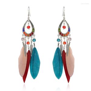 Pendientes colgantes Moda Bohemia Estilo étnico Hoja Joyería Retro Borla larga Pluma colorida Regalo