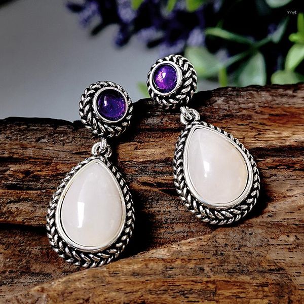 Pendientes colgantes moda Bohemia Retro piedra en polvo Natural coreano borde decorativo gota amatista joyería regalo para mujer