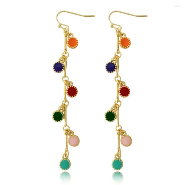 Pendientes colgantes moda Boho Vintage gota larga Color dorado palo vinculado con disco colorido para fiesta femenina