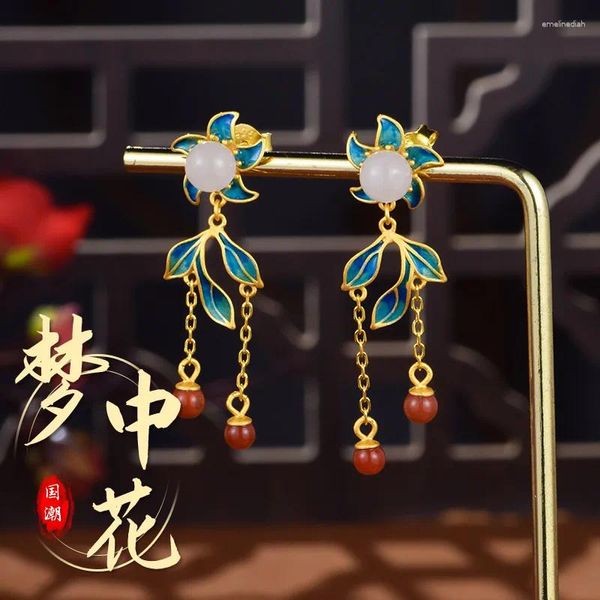 Boucles d'oreilles pendantes Style chinois Vintage, argent 925 naturel, émail de Jade, fleur de rêve pour femmes, cadeau de mariage Hanfu