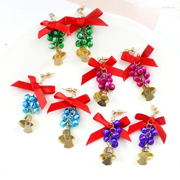 Boucles d'oreilles pendantes à la mode, cadeaux de noël, couleurs mélangées, cloches Jingle, nœud papillon rouge Long pour femmes et filles, boucles d'oreilles goutte d'année