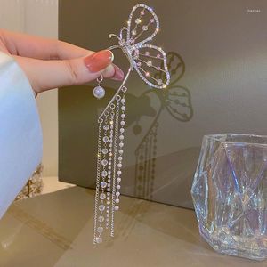 Dange oorbellen Fashion Crystal Butterfly Clip On Earring Pearl Bead Ear Cuff Long Tassels Charm Hollow For Women Sieraden Gifts