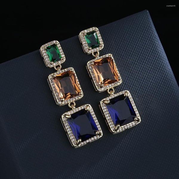 Pendientes colgantes Cubo de moda Cristal en forma especial Colorido Tesoro Zircon High-end S925 Silver Geometric Square