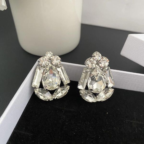 Pendientes colgantes de moda para mujer, flor de cristal exagerada, Clip de oreja de plata grande, joyería de Europa América, tendencias de marca de diseñador