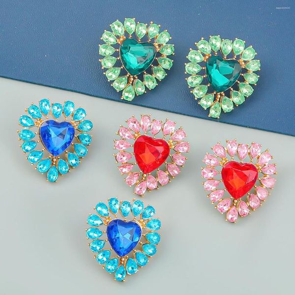 Pendientes colgantes de moda exagerados de cristal rosa en forma de corazón para mujer, gran declaración de amor, joyería de piedra de cristal verde para oreja