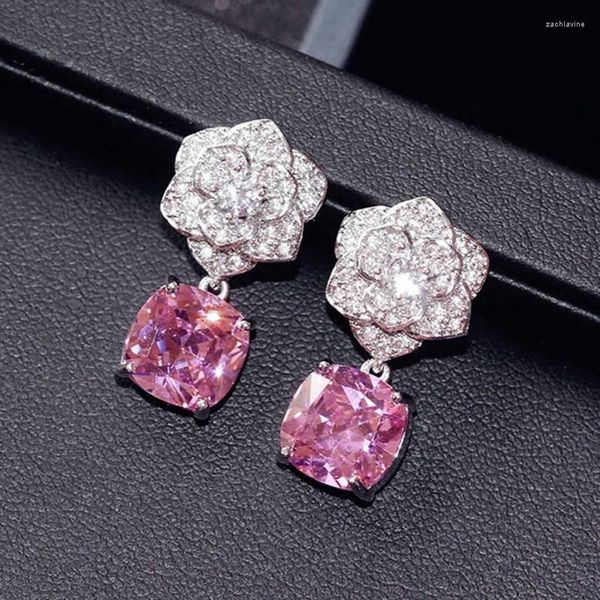 Boucles d'oreilles pendantes mode exquis Zircon camélias goujon femmes brillant strass rose cristal fleurs boucle d'oreille bijoux pour femmes 2023