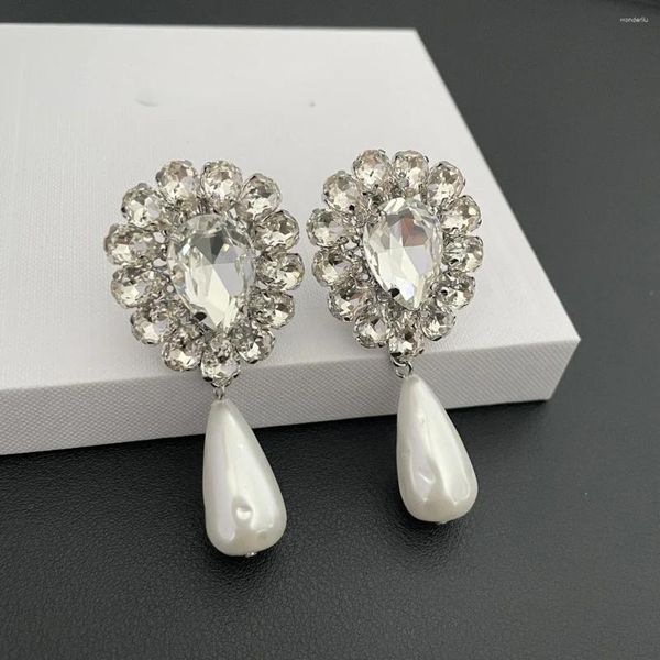 Pendientes colgantes de moda para mujer, Clip de oreja de perla de cristal de marca de diseñador famoso, tendencia de joyería de lujo de alta calidad