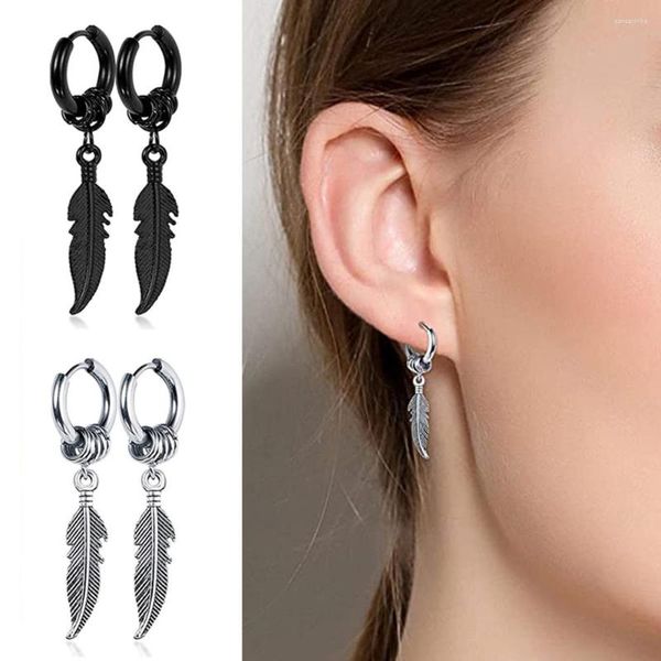 Boucles d'oreilles pendantes en forme de plume, pendentifs Punk gothique en acier inoxydable pour hommes et femmes, boucle Hip Hop