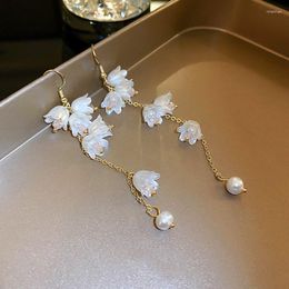 Boucles d'oreilles pendantes à la mode, plaqué or véritable 14 carats, fleur d'orchidée, perle, frange, goutte pour femmes et filles, bijoux S925, cadeau d'aiguille en argent