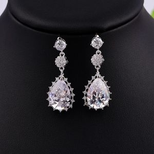 Boucles d'oreilles pendantes en Zircon cubique pour femmes, bijoux à la mode, goutte d'eau, prévention des allergies, placage en or blanc, boîte-cadeau, emballage CZE-9009