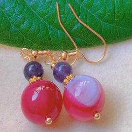 Dangle Earrings Fashion Fuchsia Round Banded Agate Purple Chalcedony Gold Bohemian Crystal Silver Art Unisex Men Custom Bridal