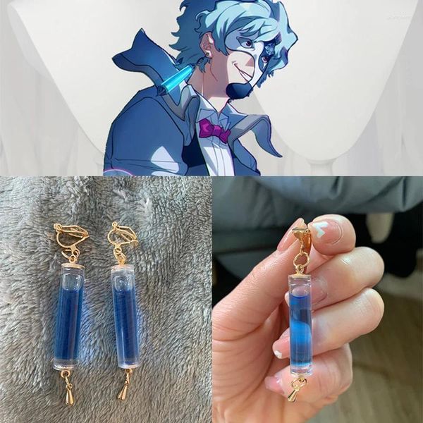 Boucles d'oreilles pendantes jeu de mode Genshin Impact le docteur Dottore, Clip d'oreille goutte bleue pour femmes et hommes, bijoux