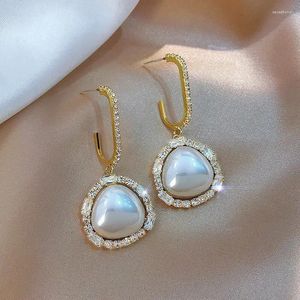 Boucles d'oreilles pendantes en zircon plaqué or avec perles élégantes pour fille, bijoux de fête d'anniversaire, bal, dîner, date, accessoires, cadeau d'anniversaire
