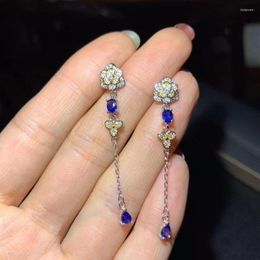 Boucles d'oreilles pendantes en argent 925, longue ligne camélia, saphir bleu naturel, goutte de pierres précieuses, bijoux de fête pour femmes