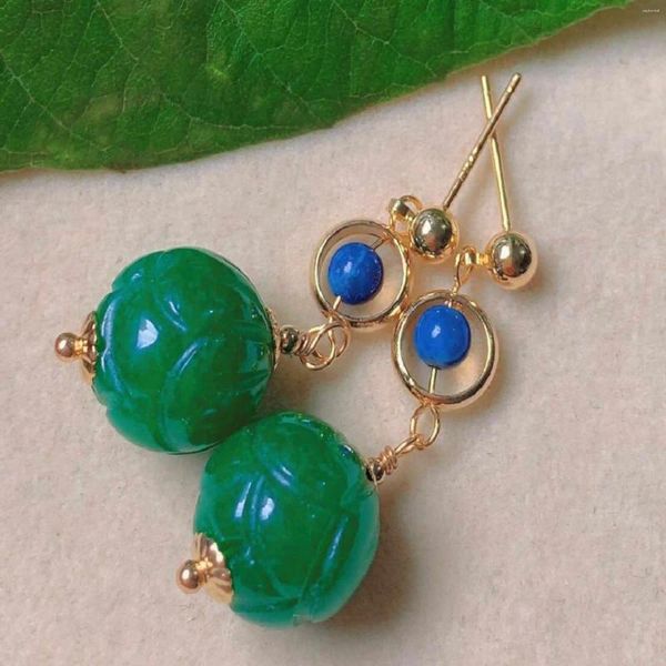 Boucles d'oreilles en peluche verte ronde rond hetian jade lapis lazuli perles gold oreille étalon nual platinum office gemmestone personnalisé à la main faite à la main faite à la main