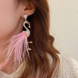 Boucles d'oreilles pendantes mode haut de gamme strass cristal fourrure d'autruche flamant rose boucles d'oreilles femmes bibelot goujons dame mariage bijoux fête cadeau