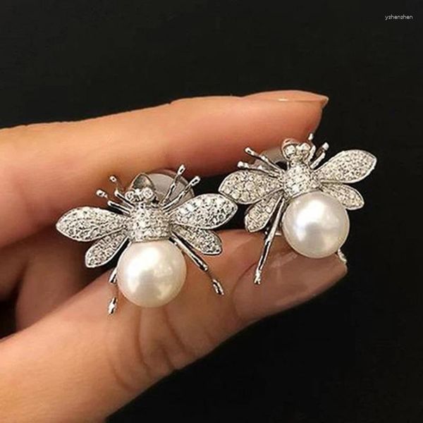 Pendientes colgantes a la moda con perlas de imitación y abeja para mujer, con piedra de circonia de cristal, regalos de joyería para boda con animales bonitos