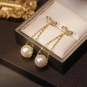 Pendientes colgantes de perlas de imitación a la moda con lazo dulce temperamento encanto largo joyería femenina cadena accesorios de borla