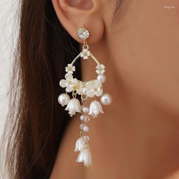 Pendientes colgantes joyería de moda 925 aguja de plata elegante perla de imitación flor de resina blanca para mujer chica fiesta regalo de boda