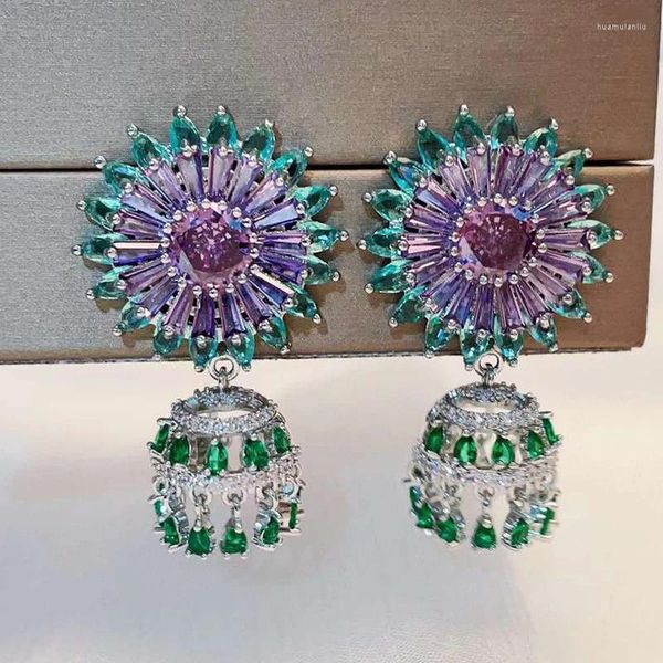 Pendientes colgantes, joyería de moda, campana de flores para mujer, niña, fiesta, regalo de boda, pendiente de araña grueso de Zirconia cúbica