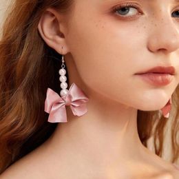 Boucles d'oreilles en peluche bijoux de mode coréen sweet noir blanc bowknot femme tissu en dentelle bow perle drop gift