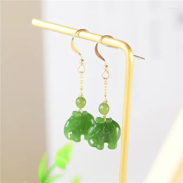 Pendientes colgantes, joyería de moda, venta al por mayor, gancho para oreja de elefante de Jade Natural, chapado en oro, sustitución de importaciones