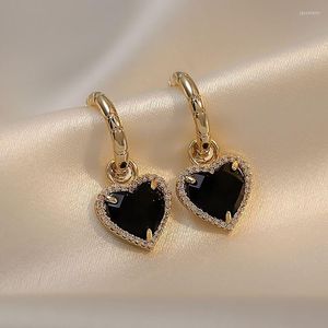 Boucles d'oreilles pendantes mode coréen cristal noir coeur pendentif goutte pour femme bijoux