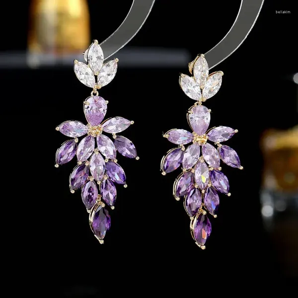 Boucles d'oreilles pendantes Mode Luxe Violet Cubique Zircone Feuille Goutte Pour Femmes Corée Mariée Robe De Soirée De Mariage Accessoire Bijoux De Haute Qualité