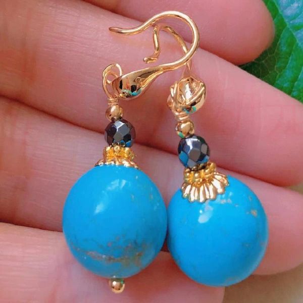 Pendientes colgantes moda azul natural redondo turquesa hematita perla dorada de oro cotidiano