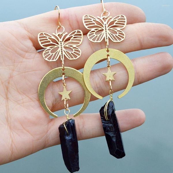 Pendientes colgantes Moda Cristal natural Pendiente de mariposa Encanto de luna Ganchos huecos para mujer Cuarzo Clip de oreja Joyería hecha a mano Regalo para niñas